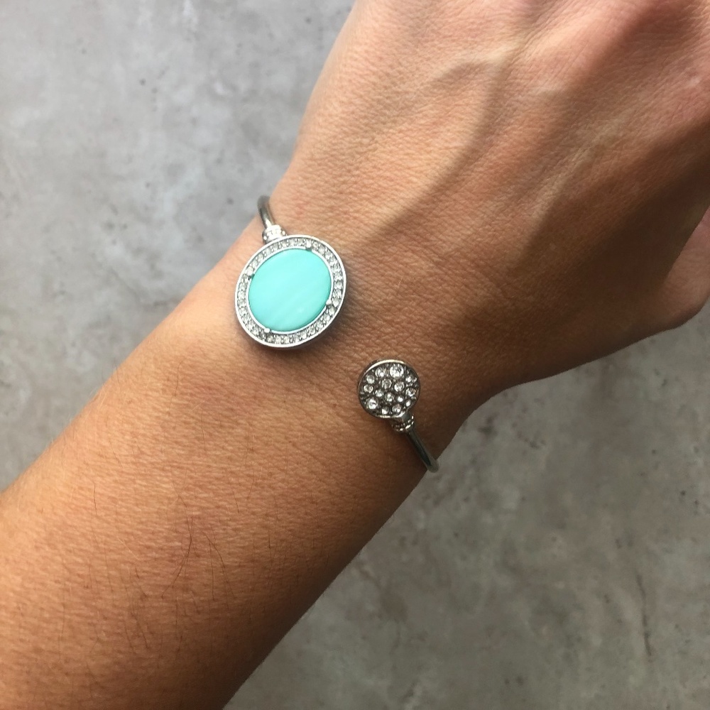 Turquoise & Rhinestone Open Silver Bangle